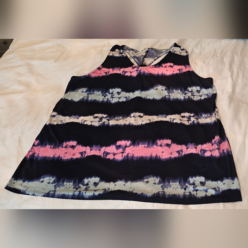 SewInLove 2X Tank W Dark Blue Backgound Pink/White/Teal Tiedye Horizontal Stipes